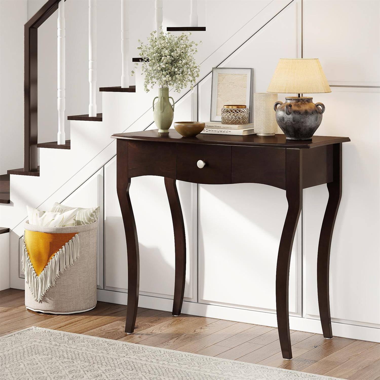 Alt View 3. Pefilos - Entryway Table with Drawer, Solid Wood Frame & Rubber Wood Legs, Espresso Brown - Brown.