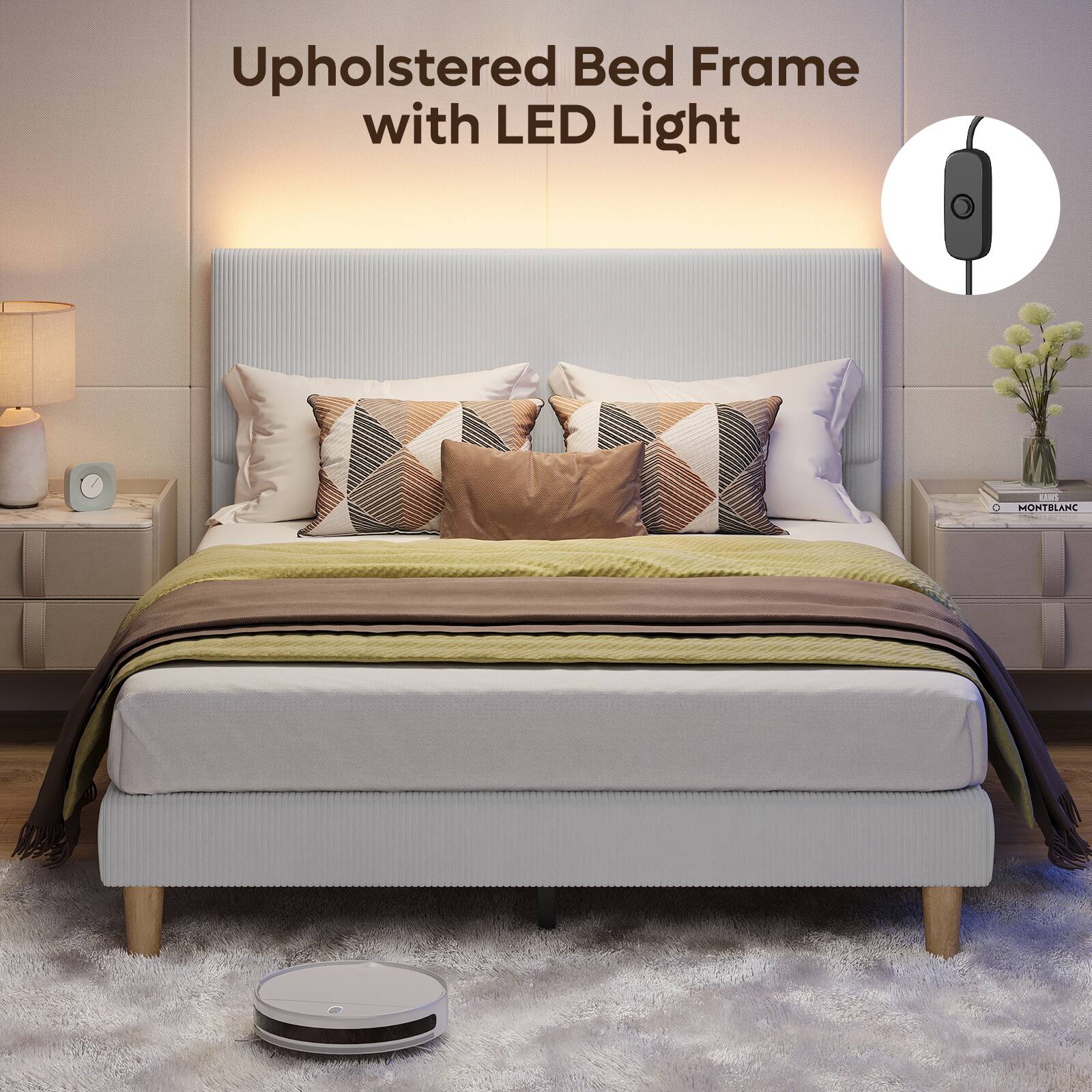 Upholstered Bed Frame with LED Light, LWL MONTBLANC