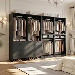 Aheaplus - 98'' Walk-in Closet Organizer System, 4 Piece Wardrobe Set with 6 Drawers, 6 Hanging Rods & Adjustable Shelves - Black
