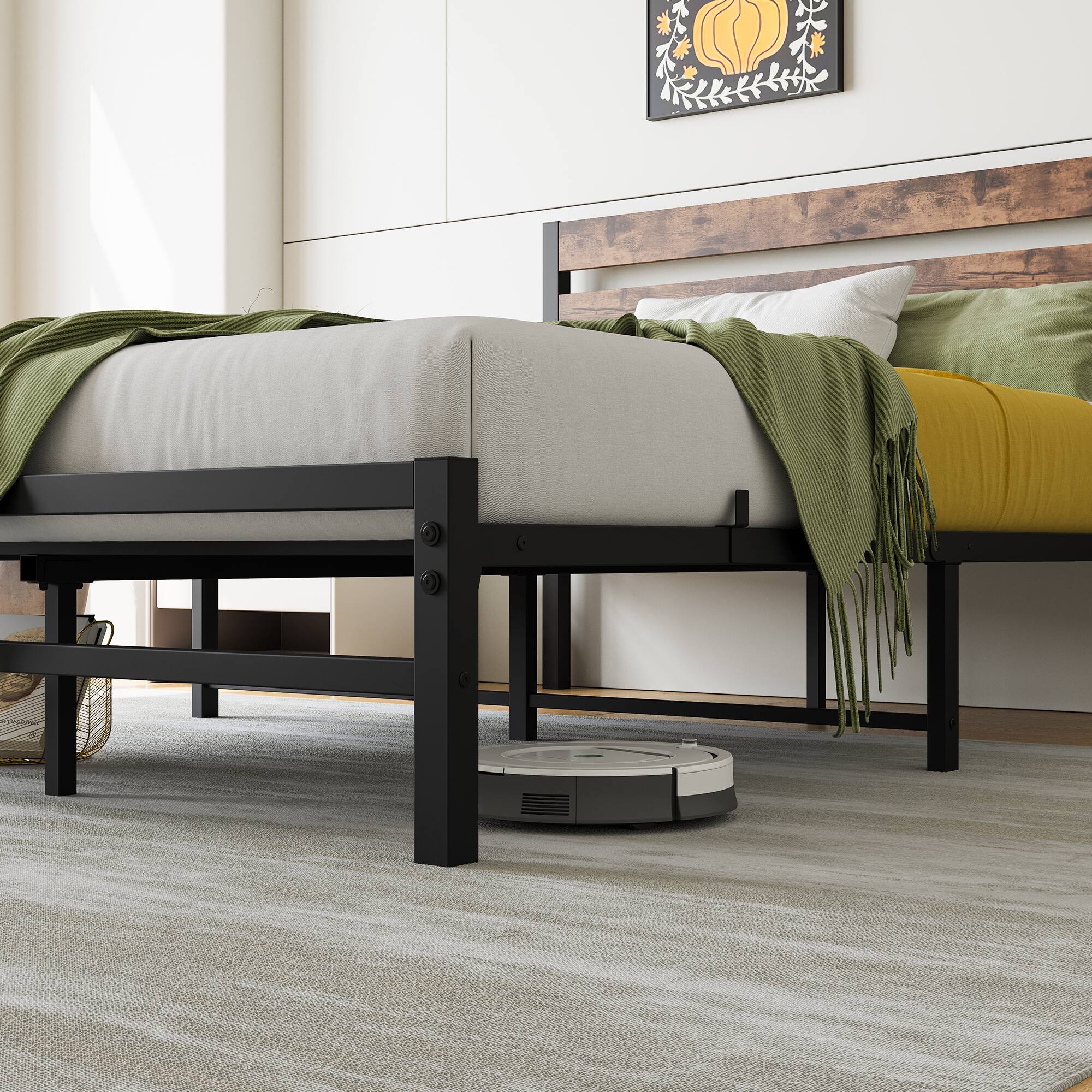 Alt View 4. Ecooso - Full Size Platform Bed Frame with Wood Headboard, Strong Metal Slats Support Mattress Foundation, No Box Spring Needed - Black.