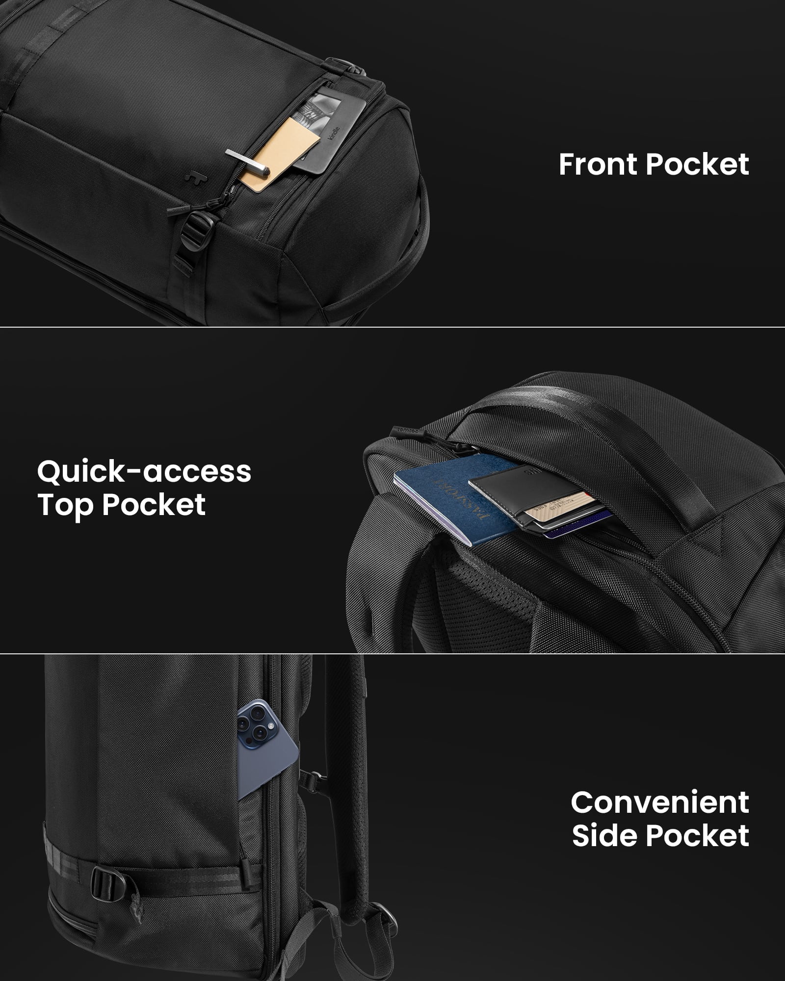 The text on the image reads:
Front Pocket Quick-access Top Pocket Convenient Side Pocket