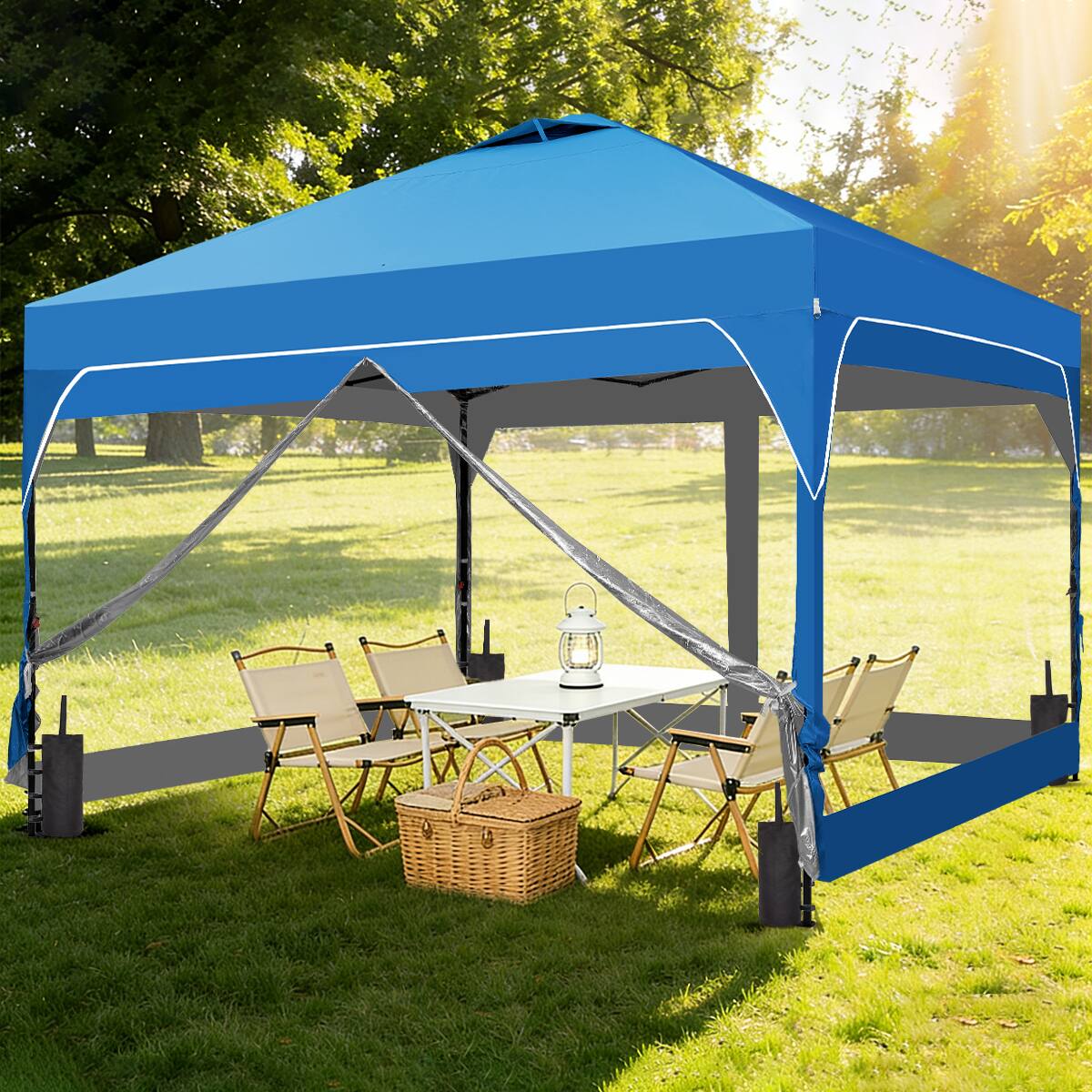 Angle. Ainfox - Ainfox 10x10 FT Pop Up Canopy Tent Shelter Portable with 4 Clear PVC Sidewalls,Carry Bag & 4 Sandbags for Outdoor - Blue.