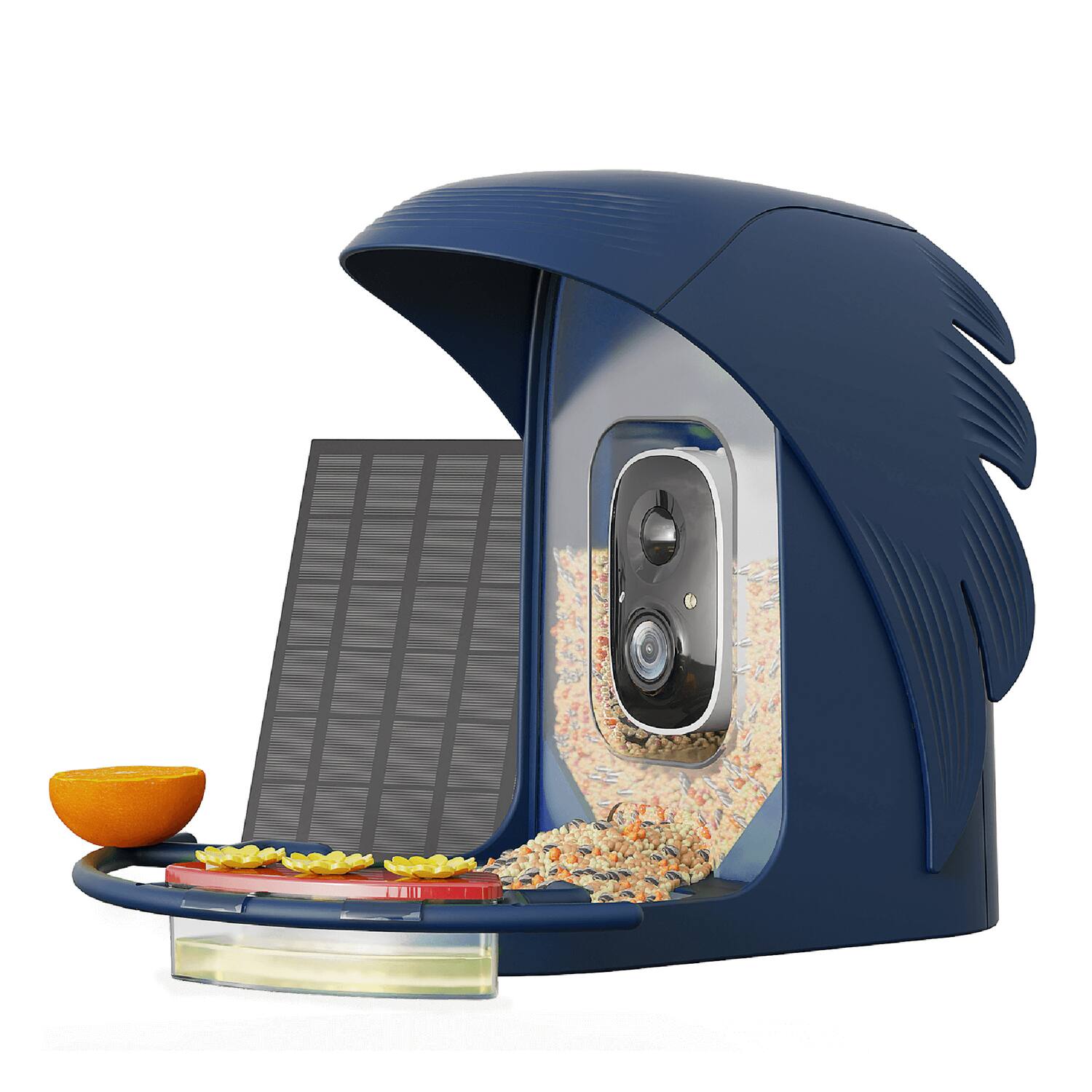 Front. PerchMe - AI-Recognition Smart Bird Feeder with Camera, Solar Powered - Navy Blue.