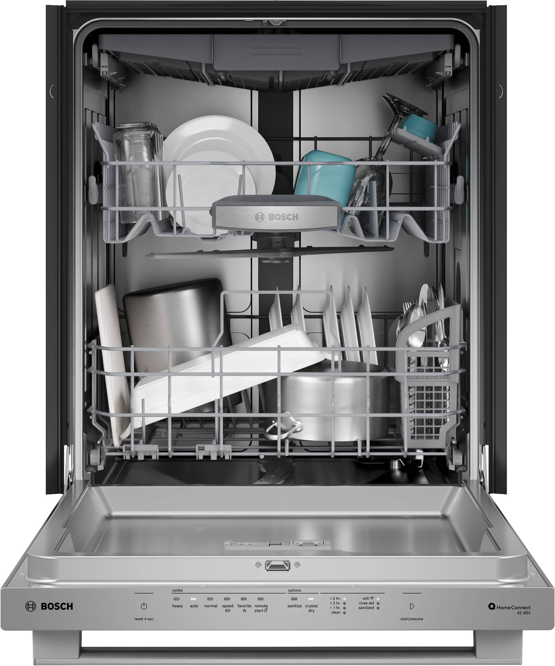 The image shows a dishwasher with a silver and black exterior, filled with various dishes, including cups, bowls, and knives. The dishwasher is open, revealing the dishes inside. The dishwasher is a Bosch appliance, and it is likely that the dishes are being washed in preparation for use.