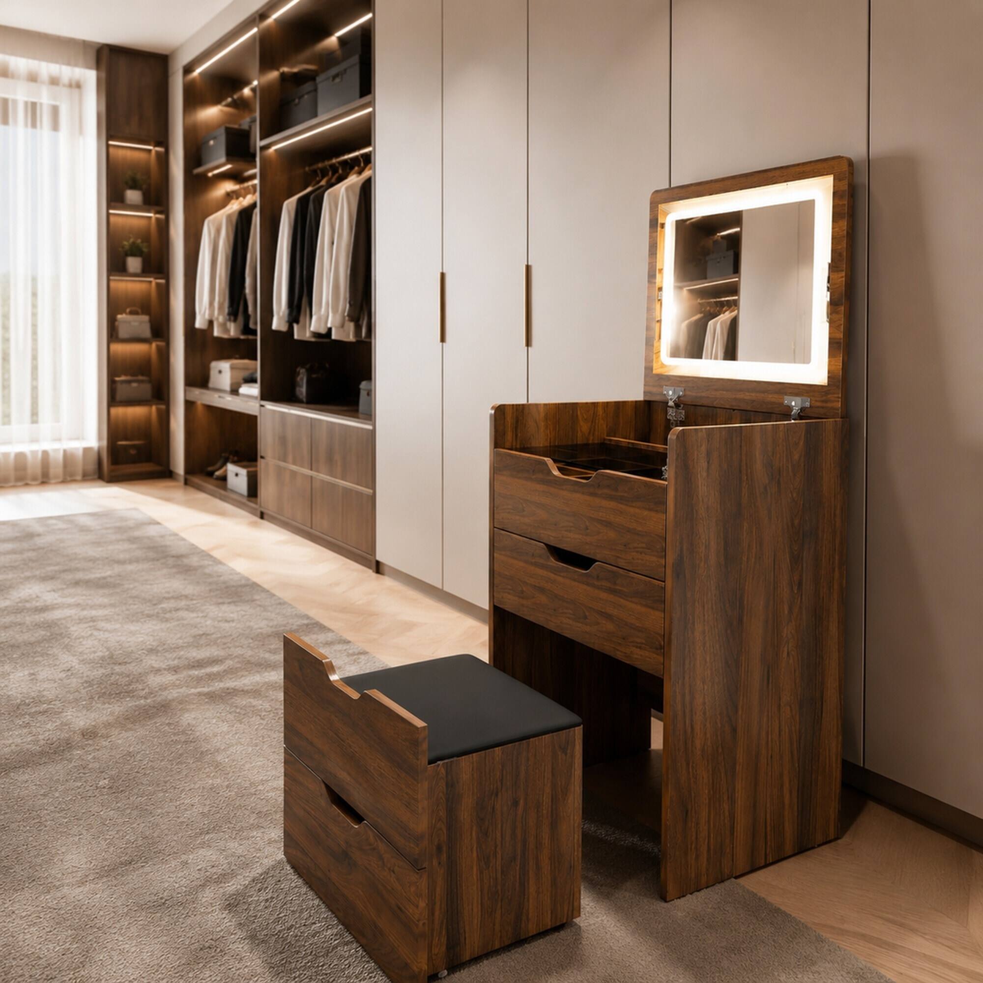 Left. RYHNUYNE - 3-in-1 Vanity Desk with Lighted Flip Top Mirror and Stool, Walnut Finish, 18.9 in Wide, Compact Storage - Walnut.