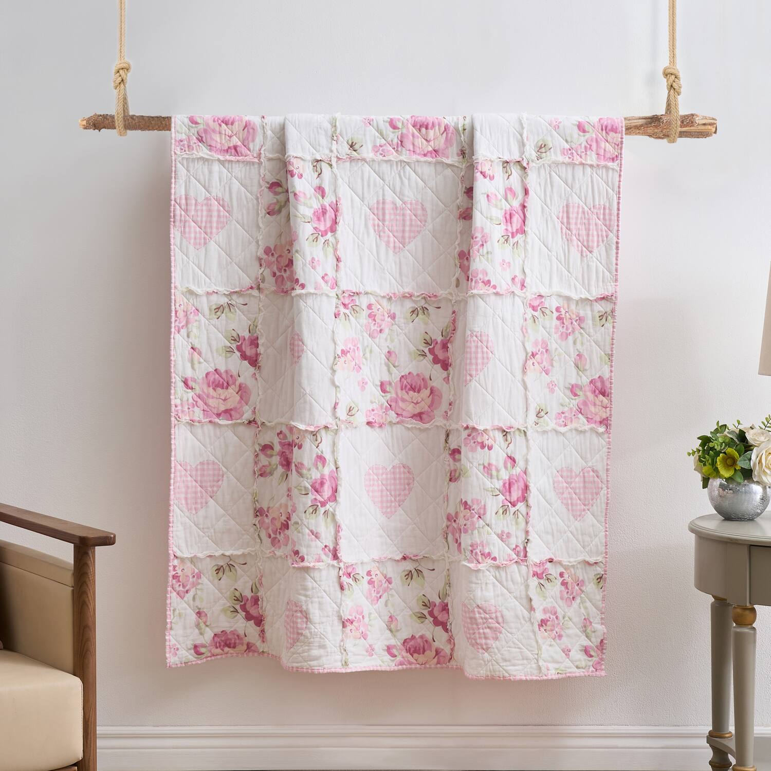 Angle. Greenland Home Fashions - Greenland Home Fashions 100% Cotton Face 100% Microfiber Back Veronica's Hearts Accessory Throw Pink - Pink.