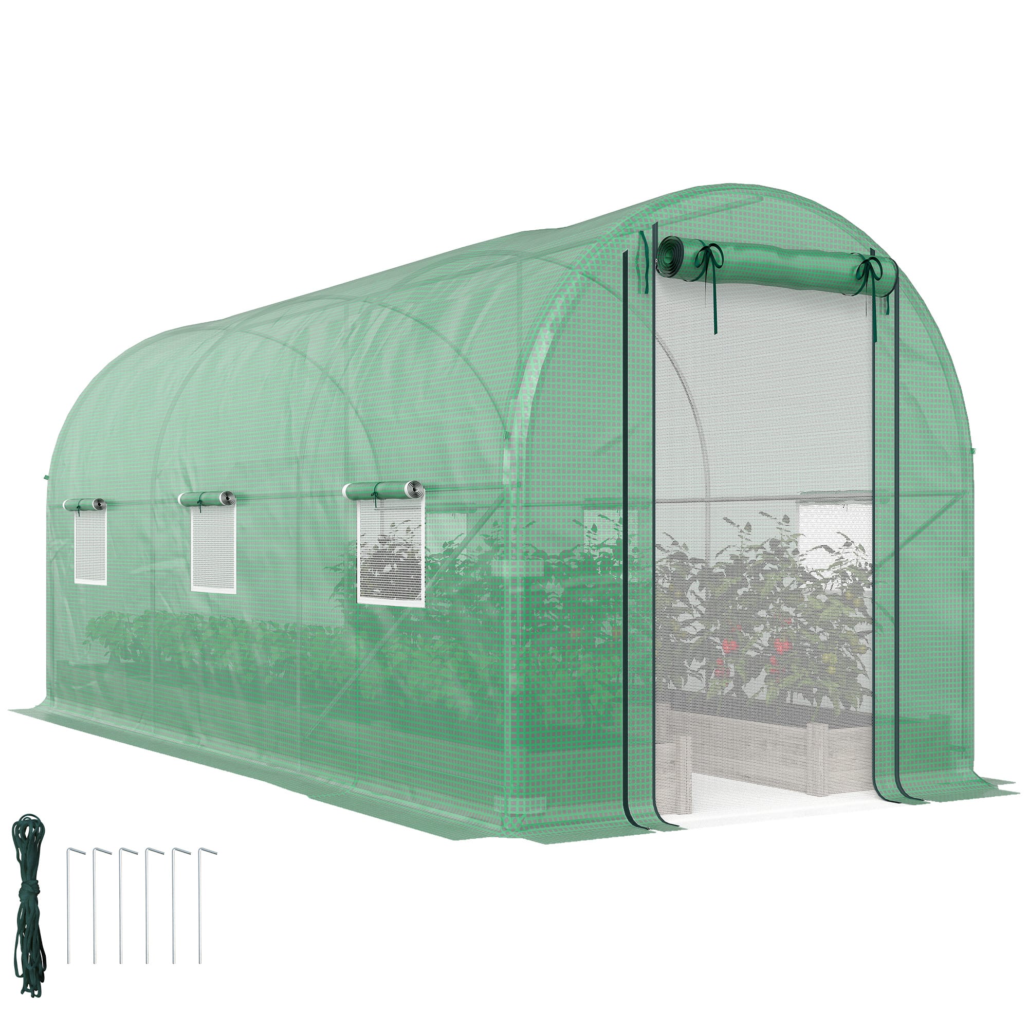 Outsunny - 14.6'x6.5'x6.6' Hoop House Greenhouse with 2 Support Rods, Zippered Roll-up Mesh Door, Mesh Windows