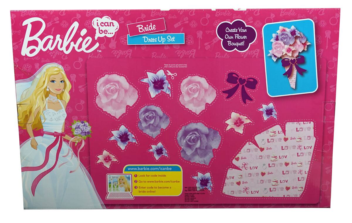 Barbie  
i can be...  
Bride  
Dress Up Set  

Create Your Own Flower Bouquet!  

www.barbie.com/icanbe  

1. Look for code inside  
2. Go to www.barbie.com/icanbe  
3. Enter code to become a bride online!  

Please be sure to get an adult's help when cutting out your accessories.