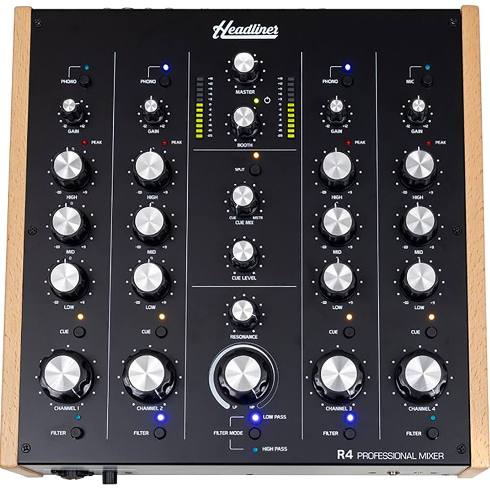 Headliner R4 Professional Mixer

- PHONO
  - GAIN
  - PEAK
  - HIGH
  - MID
  - LOW
  - CUE
  - RESONANCE
  - FILTER
  - FILTER MODE
  - LOW PASS
  - HIGH PASS

- MIC
  - GAIN
  - PEAK
  - HIGH
  - MID
  - LOW
  - CUE
  - RESONANCE
  - FILTER
  - FILTER MODE
  - LOW PASS
  - HIGH PASS

- MASTER
  - GAIN
  - PEAK
  - HIGH
  - MID
  - LOW
  - CUE LEVEL

- CHANNEL 1
- CHANNEL 2
- CHANNEL 3
- CHANNEL 4

- BOOTH
- SPLIT
- MIX
- CUE LEVEL

- FILTER
- FILTER MODE
- LOW PASS
- HIGH PASS

- R4 PROFESSIONAL MIXER