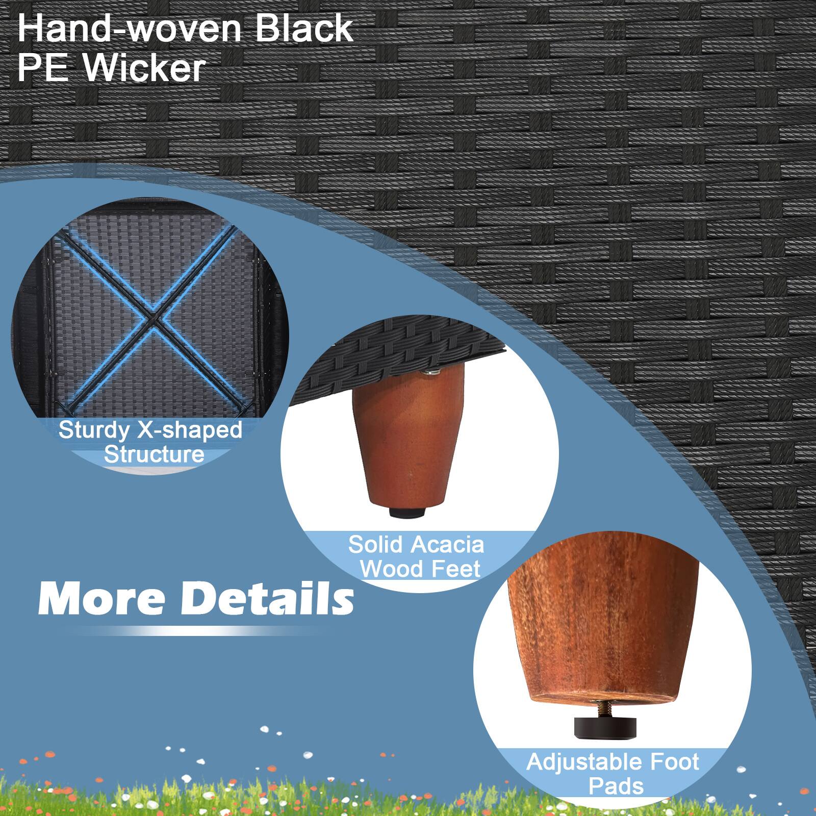 Hand-woven Black PE Wicker, Sturdy X-shaped Structure, Solid Acacia Wood Feet, Adjustable Foot Pads, More Details
