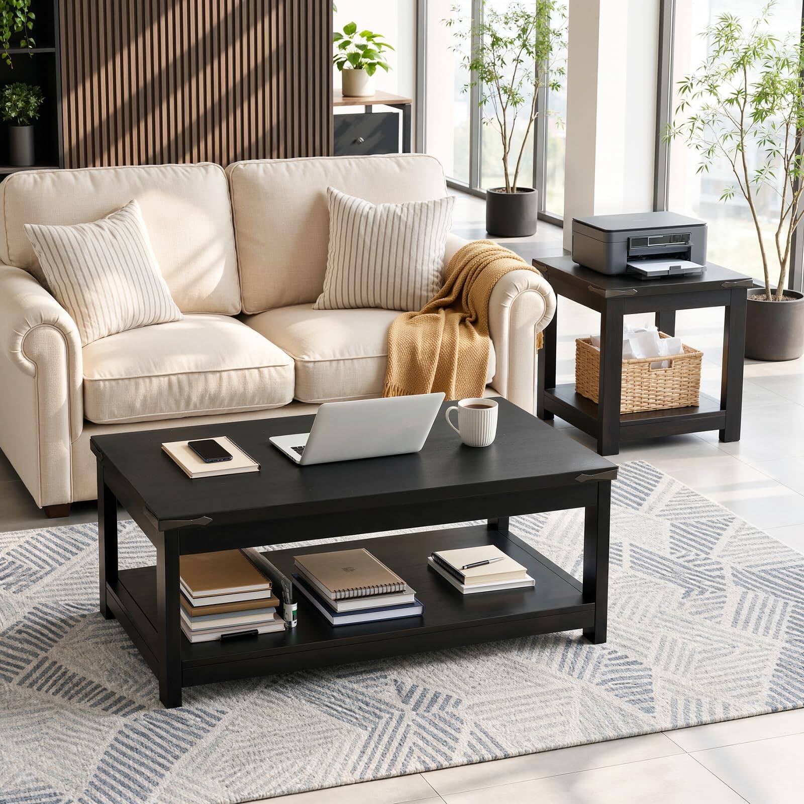 Alt View 1. Aheaplus - 2-Piece 20" Square Side Tables + 43.3" Rectangular Coffee Table Set, with Storage,Ships in 2 packages - Black.