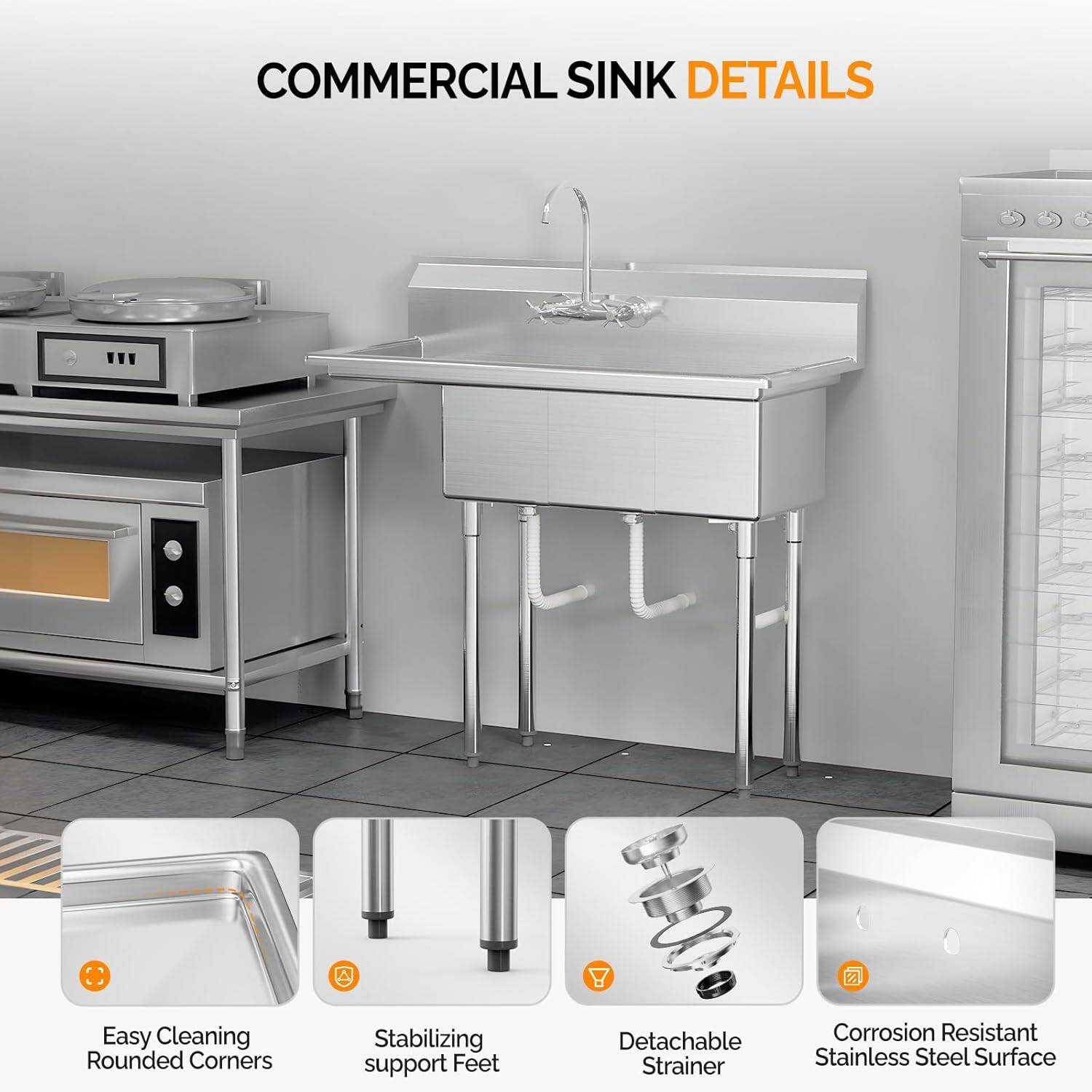 COMMERCIAL SINK DETAILS

- Easy Cleaning Rounded Corners
- Stabilizing support Feet
- Detachable Strainer
- Corrosion Resistant Stainless Steel Surface