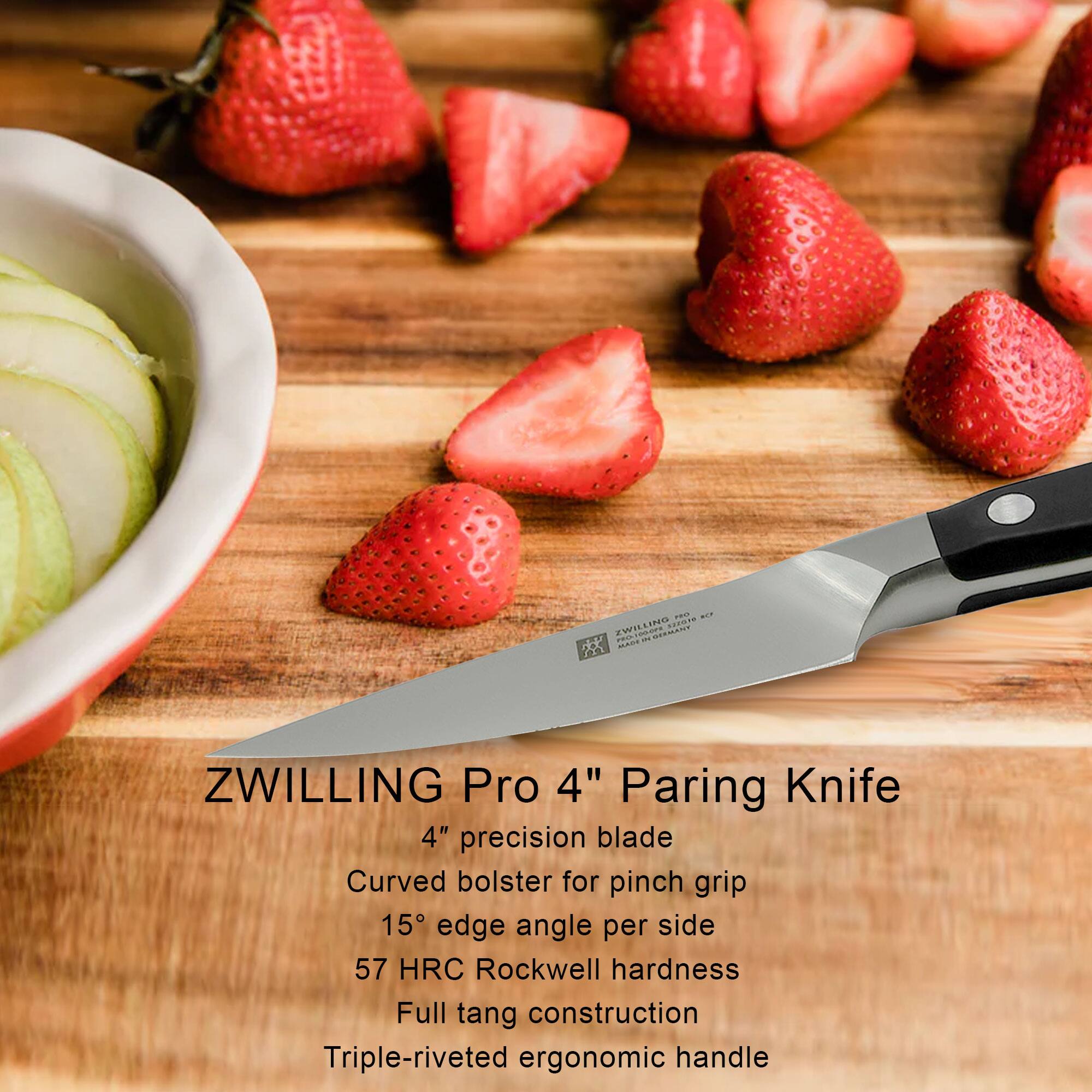 ZWILLING Pro 4" Paring Knife  
4" precision blade  
Curved bolster for pinch grip  
15° edge angle per side  
57 HRC Rockwell hardness  
Full tang construction  
Triple-riveted ergonomic handle