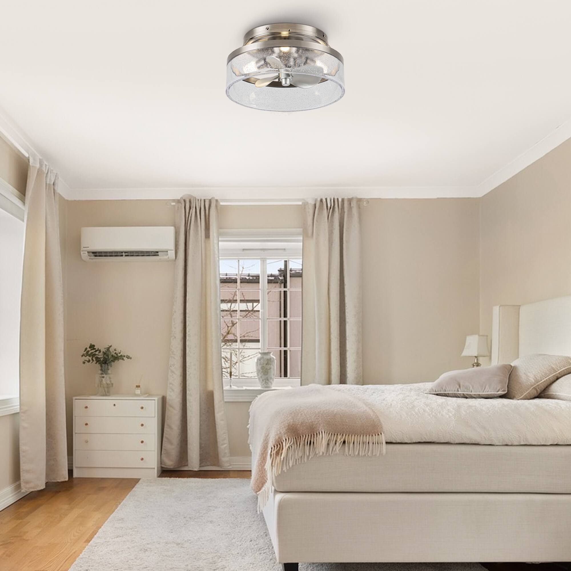 Left. Parrot Uncle - 12.6" Small Satin Nickel Flush Mount Ceiling Fan with Light - Nickel.