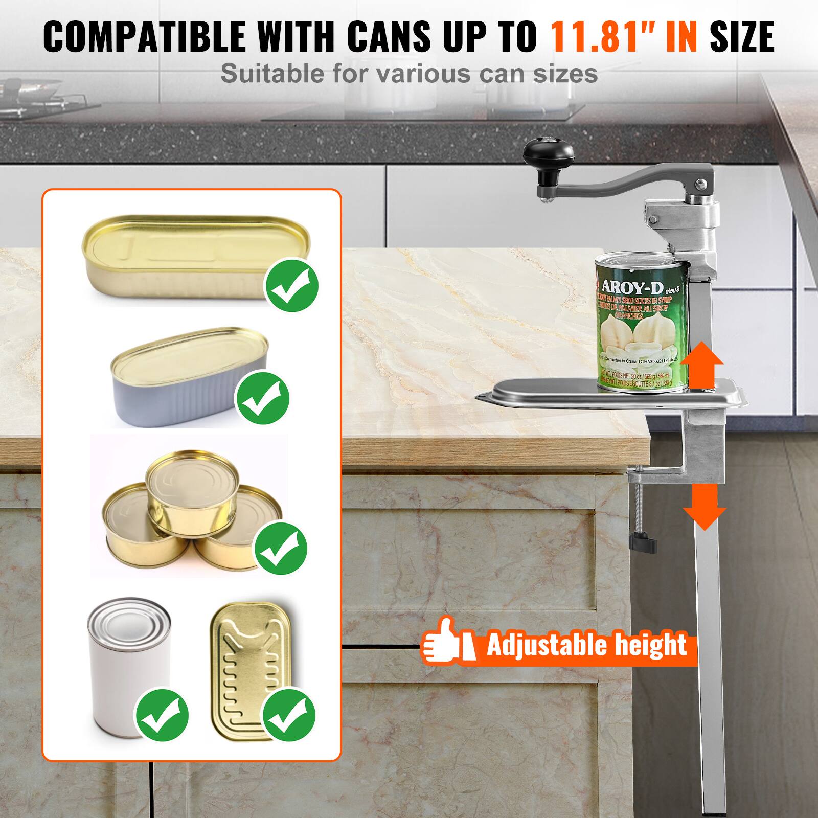 COMPATIBLE WITH CANS UP TO 11.81" IN SIZE  
Suitable for various can sizes  

Adjustable height
