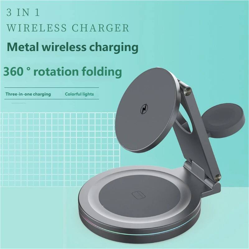 3 IN 1  
WIRELESS CHARGER  

Metal wireless charging  

360° rotation folding  

Three-in-one charging  
Colorful lights