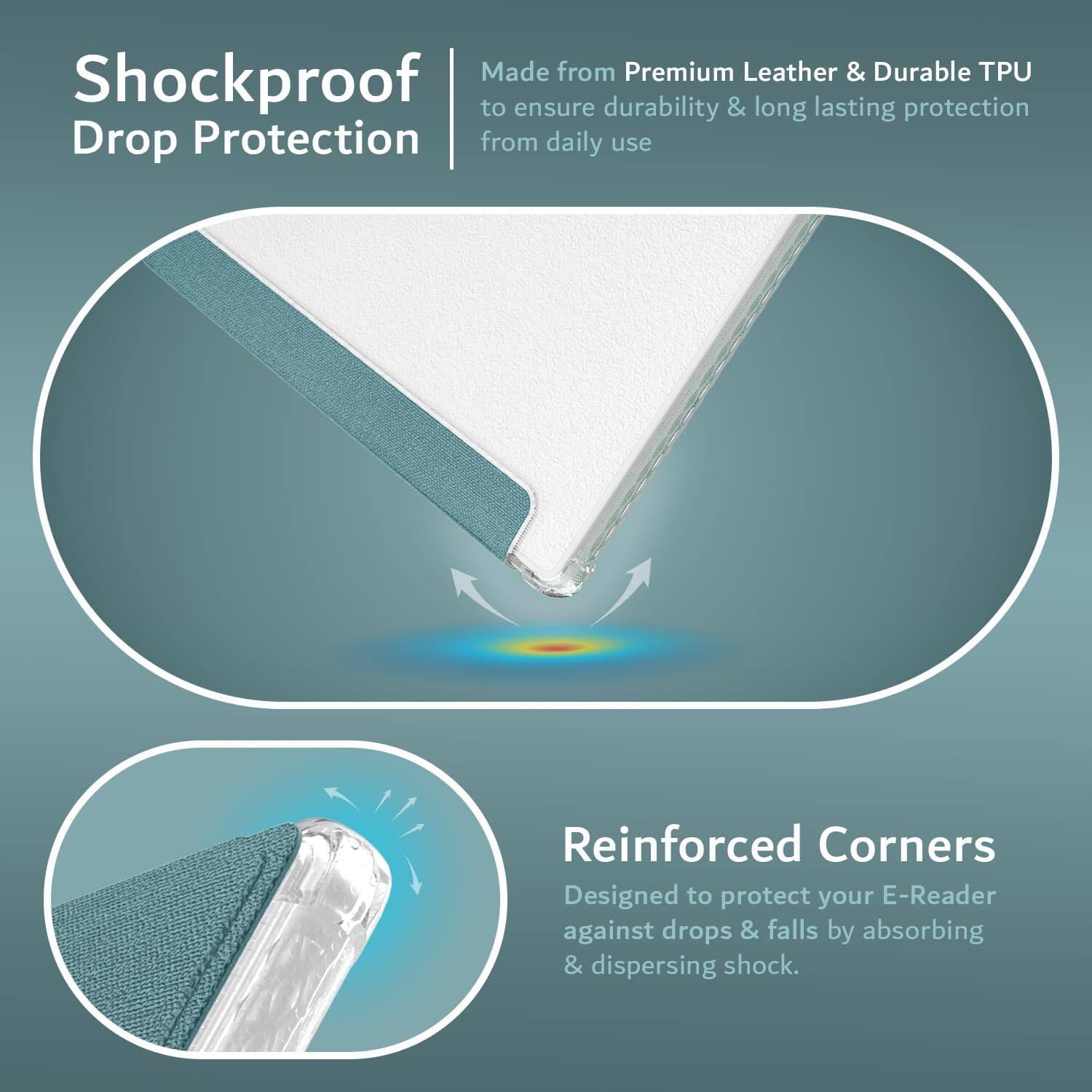 Made from Premium Leather & Durable TPU to ensure durability & long lasting protection from daily use

Shockproof Drop Protection

Reinforced Corners
Designed to protect your E-Reader against drops & falls by absorbing & dispersing shock.