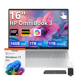 HP - Upgraded - Omnibook 3 16" WUXGA Touchscreen Laptop,AMD Ryzen 5 40,16GB RAM,1TB SSD+1TB Dock,Backlit,Copilot,Win11 Pro - Silver