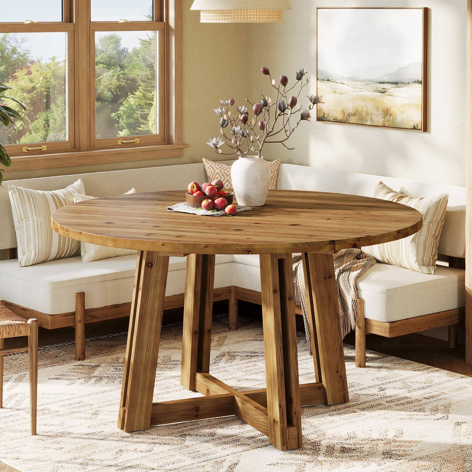 Back. Tribesigns - 47.3" Solid Wood Dining Table for 4-6, Round Wood Kitchen Table - Brown.
