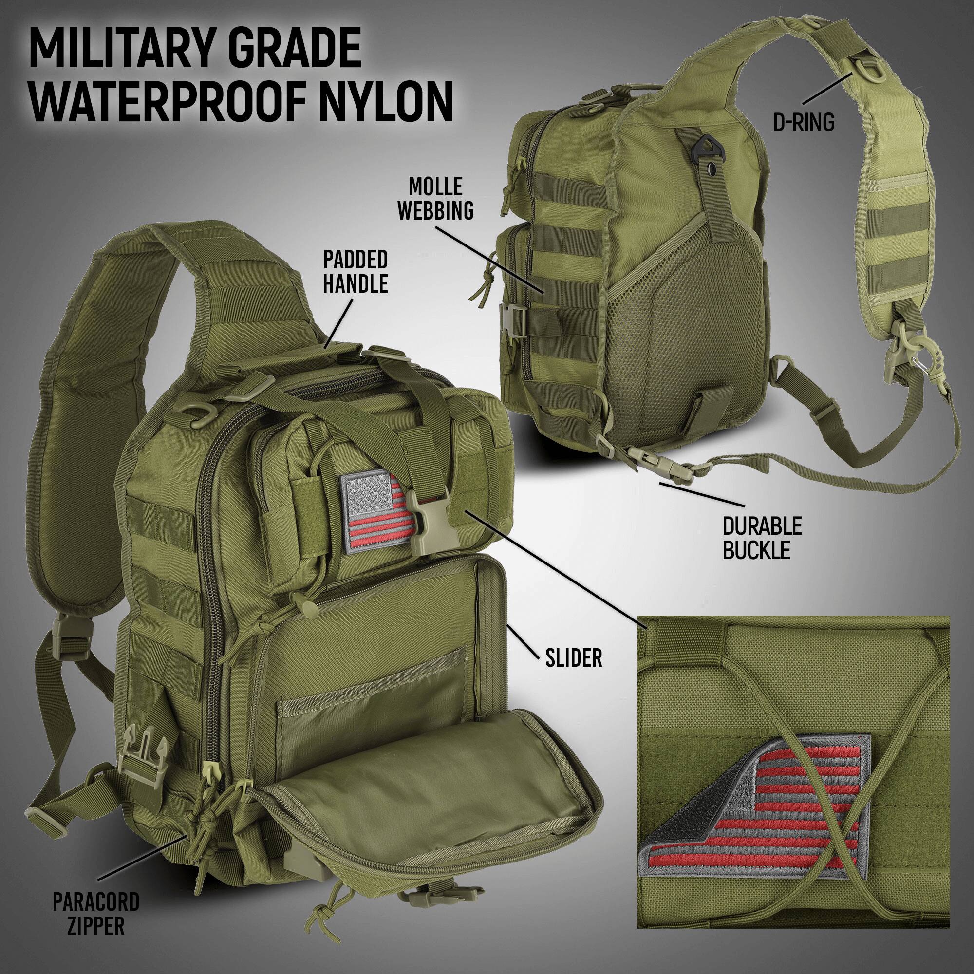 MILITARY GRADE WATERPROOF NYLON

- MOLLE WEBBING
- PADDLED HANDLE
- D-RING
- DURABLE BUCKLE
- SLIDER
- PARACORD ZIPPER