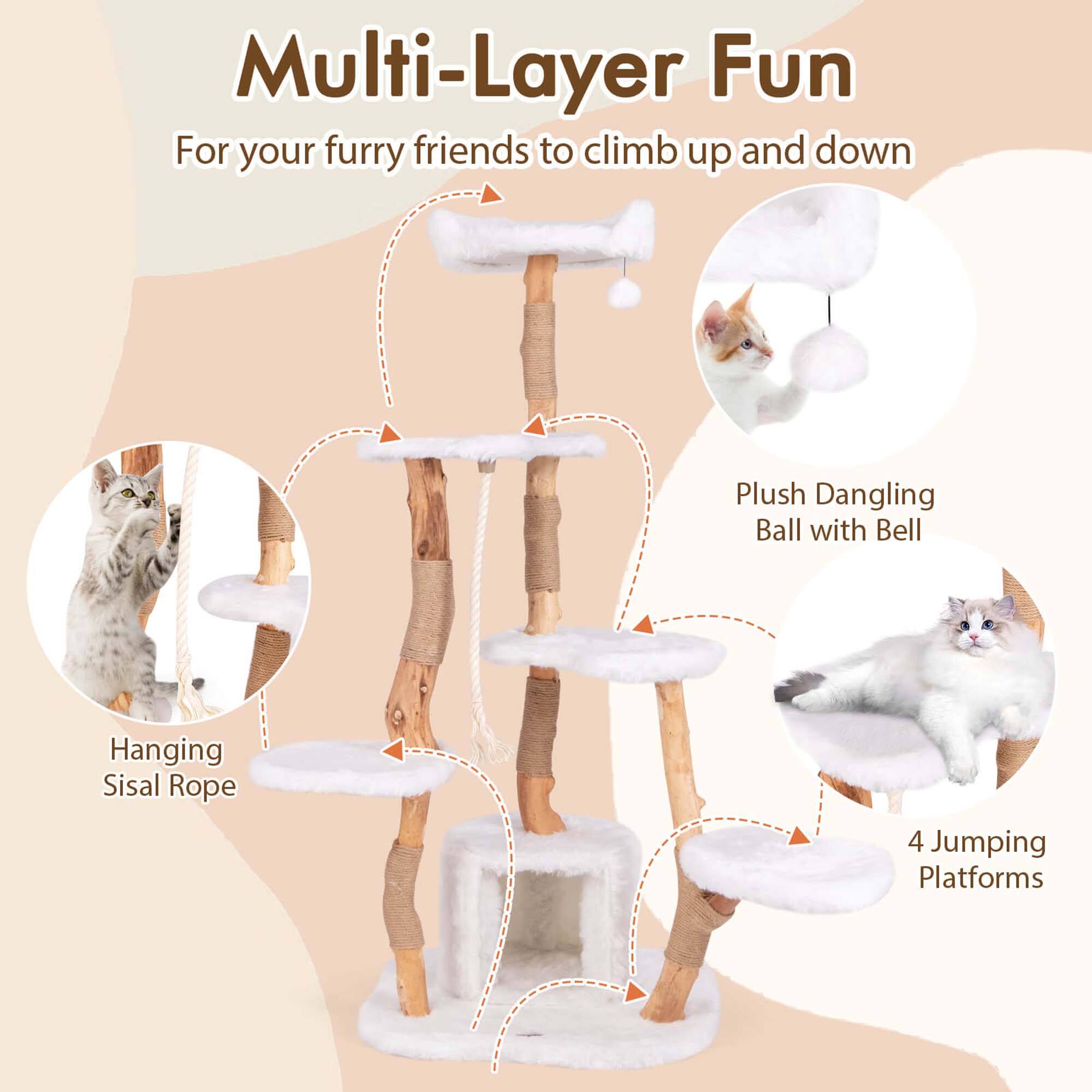 Multi-Layer Fun  
For your furry friends to climb up and down  

- Hanging Sisal Rope  
- Plush Dangling Ball with Bell  
- 4 Jumping Platforms