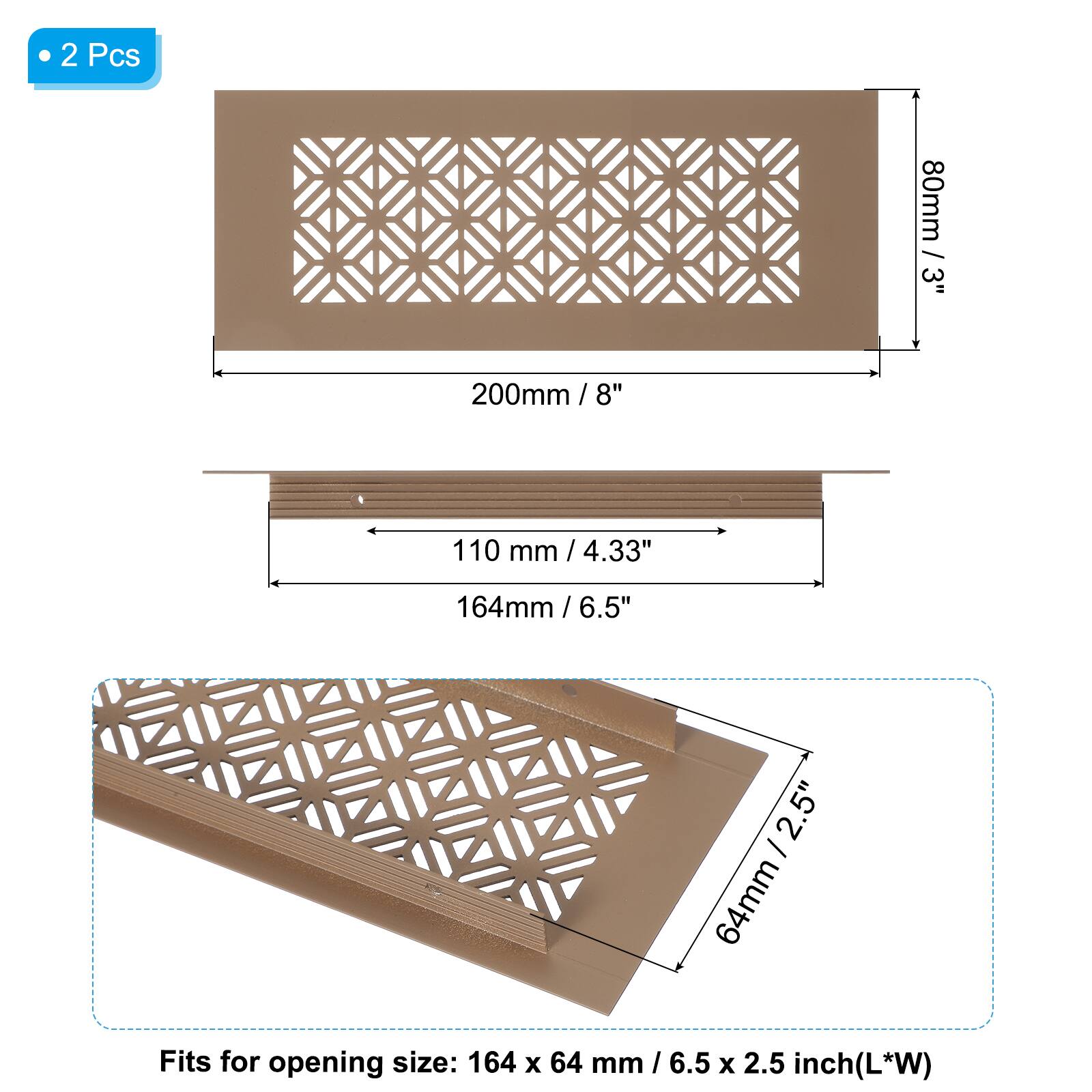 2 Pcs

- 80mm / 3"
- 200mm / 8"
- 110 mm / 4.33"
- 164mm / 6.5"
- 64mm / 2.5"

Fits for opening size: 164 x 64 mm / 6.5 x 2.5 inch (L*W)