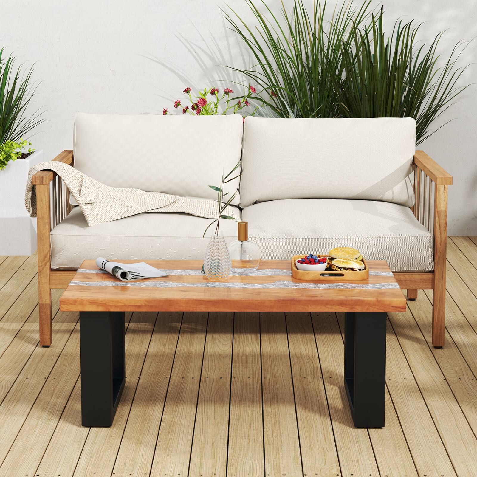 Alt View 7. Ecooso - Teak Wood Coffee Table with River Epoxy Tabletop, Modern Patio or Living Room Design - Natural.