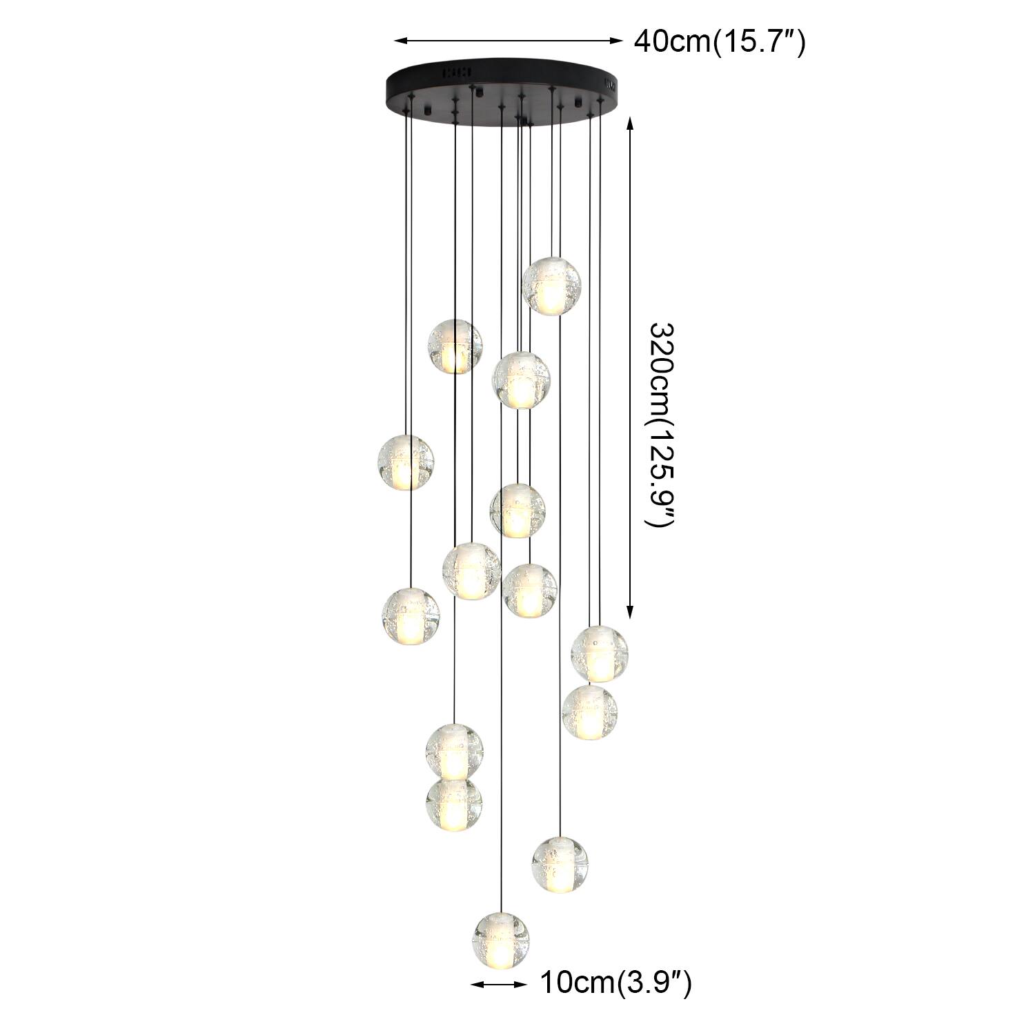 - Diameter: 40cm (15.7")
- Height: 320cm (125.9")
- Bulb Diameter: 10cm (3.9")