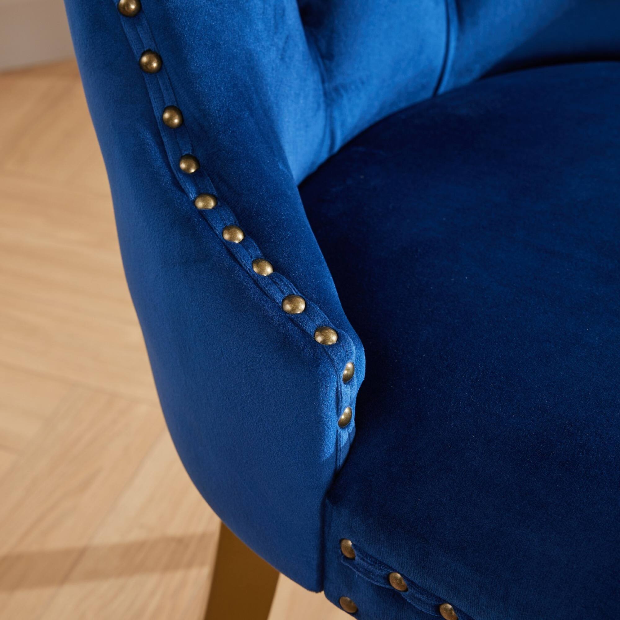 Alt View 7. GOODSILO - Modern Tufted Velvet Dining Chairs with Lion Head Pull Rings and Golden Wooden Legs, Set of 2 - Blue.