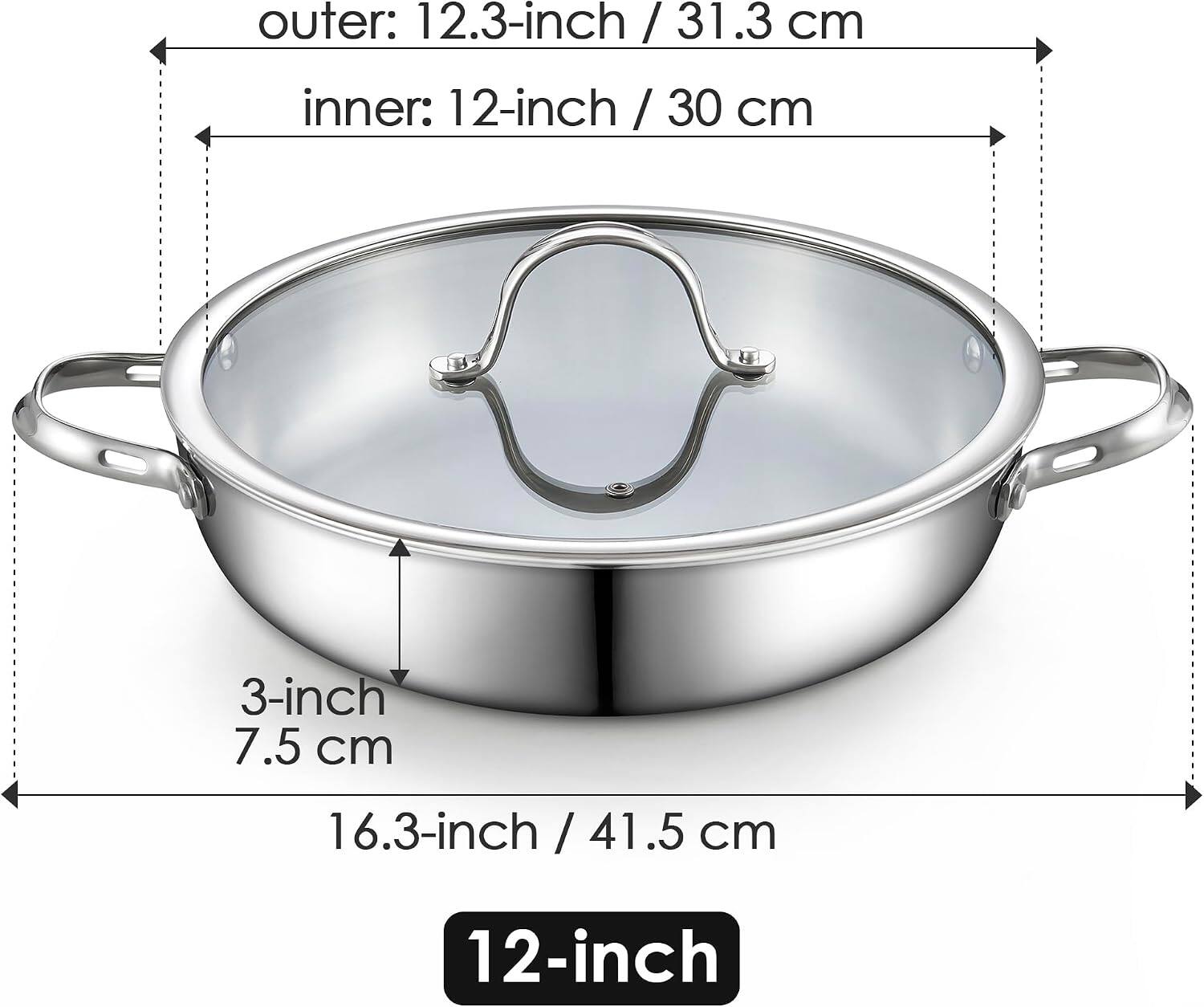 outer: 12.3-inch / 31.3 cm  
inner: 12-inch / 30 cm  
3-inch / 7.5 cm  
16.3-inch / 41.5 cm  
12-inch