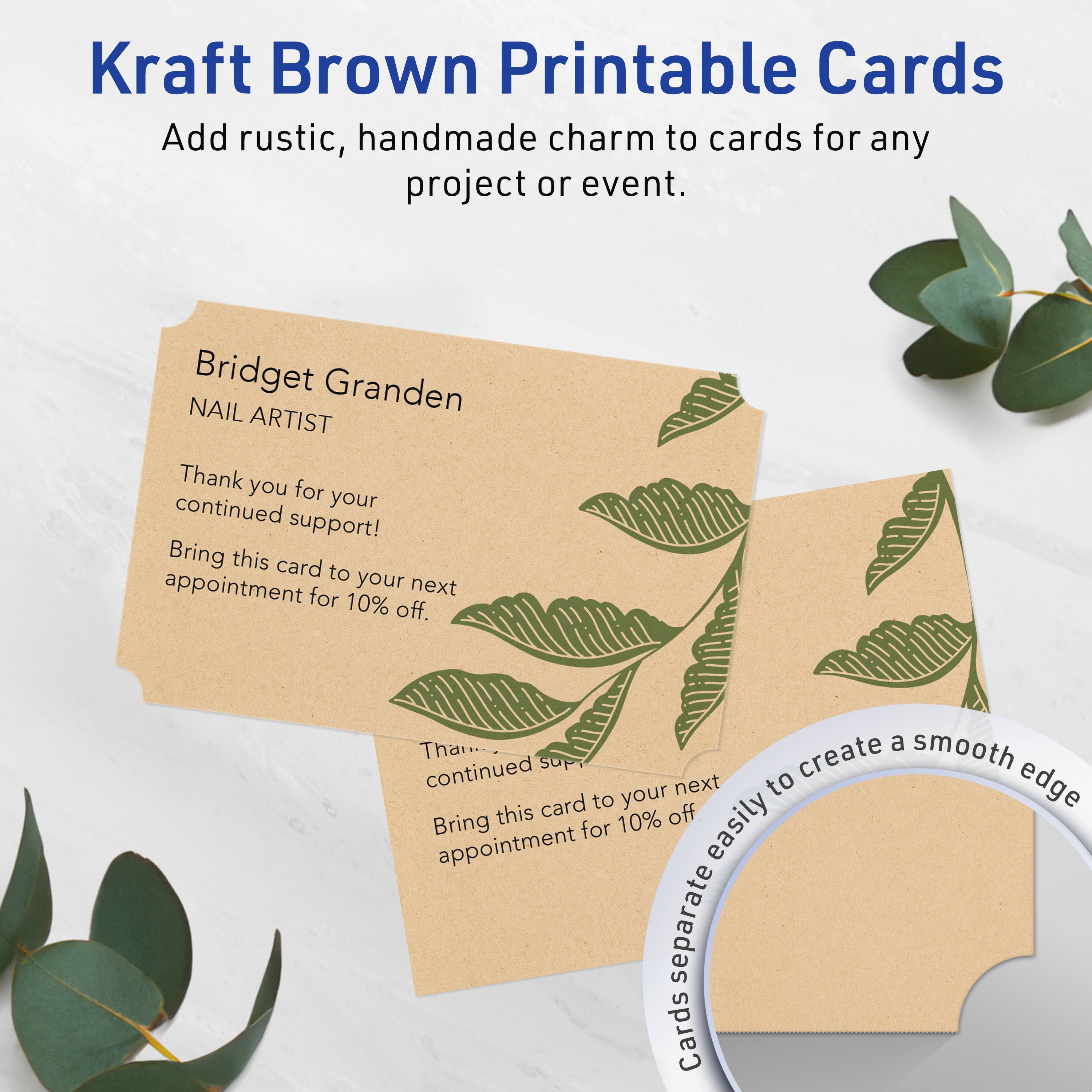 Kraft Brown Printable Cards  
Add rustic, handmade charm to cards for any project or event.

Bridget Granden  
NAIL ARTIST

Thank you for your continued support!  
Bring this card to your next appointment for 10% off.

Thank you for your continued support!  
Bring this card to your next appointment for 10% off.

Cards separate easily to create a smooth edge.