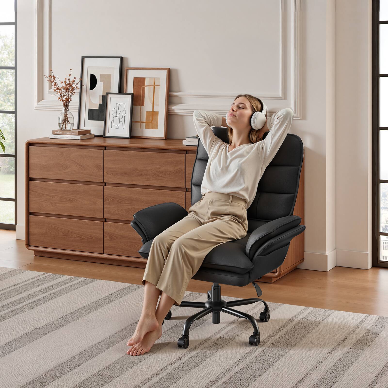 Left. Bestier - Office Cross-Legged Chair with Ergonomic Headrest, Flip-up Armrest & Adjustable Backrset for Home Office - Black PU Leather.