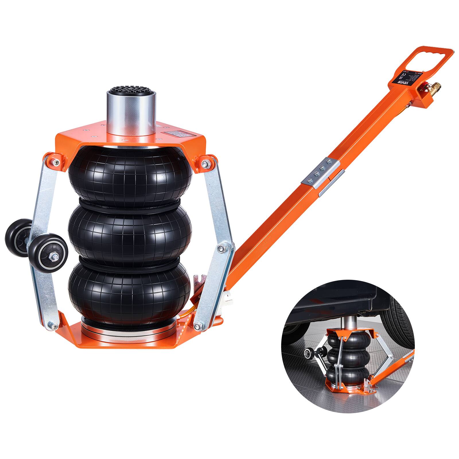 Front. VEVOR - Air Jack, 3 Ton/6613 lbs Triple Bag Air Jack, Airbag with Support Rod, Lift Up to 18.5 inch with Heightened Column - Orange;Black.