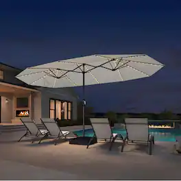PURPLE LEAF - 15 ft. Patio Market Umbrella with Solar LED and Base Double-Sided Outdoor Table Sun Umbrellas for Pool Deck Backyard - White