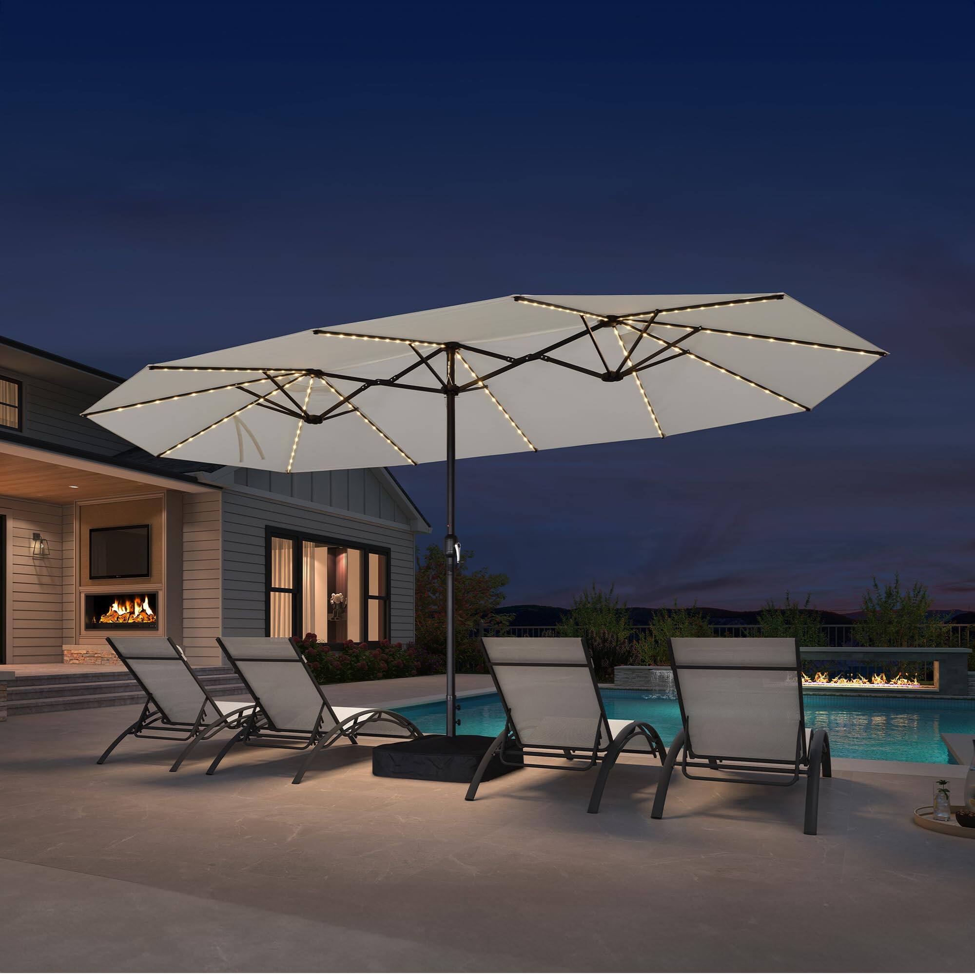 Front. PURPLE LEAF - 15 ft. Patio Market Umbrella with Solar LED and Base Double-Sided Outdoor Table Sun Umbrellas for Pool Deck Backyard - White.