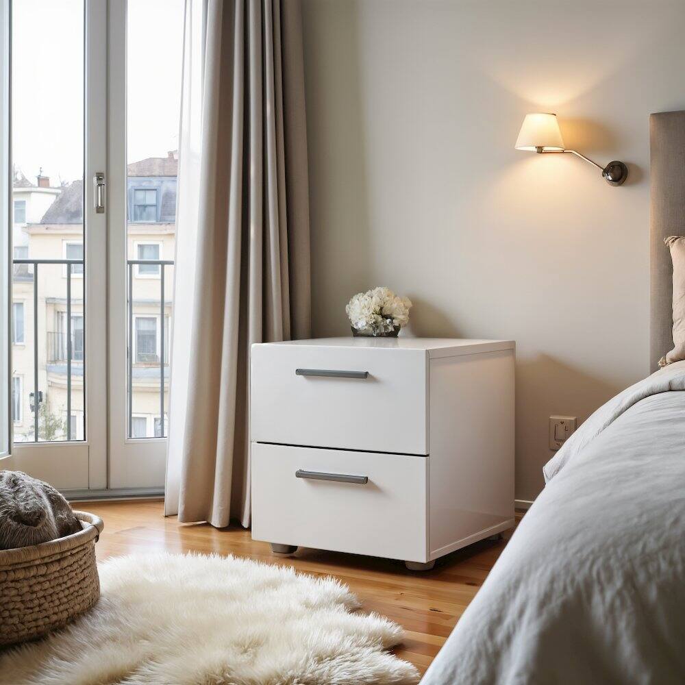 Alt View 3. FurniFact - Modern White 2 Drawer Nightstand - Stylish Bedroom Nightstand with Drawers - White.