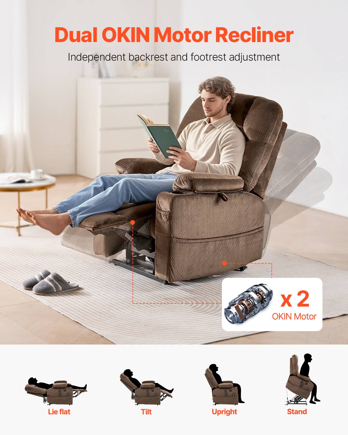 Dual OKIN Motor Recliner  
Independent backrest and footrest adjustment  

x 2 OKIN Motor  

Lie flat  
Tilt  
Upright  
Stand