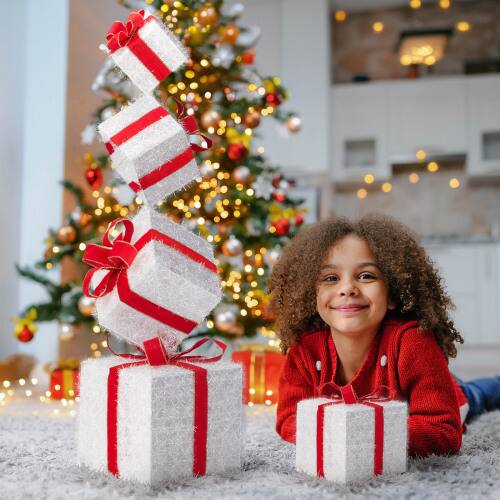 Alt View 9. Winado - 4PCS Christmas Gift Boxes Pre-lit Stacked Present Boxes Tower with LED Light for Indoor Outdoor Holiday Party Decoration - Red & White.