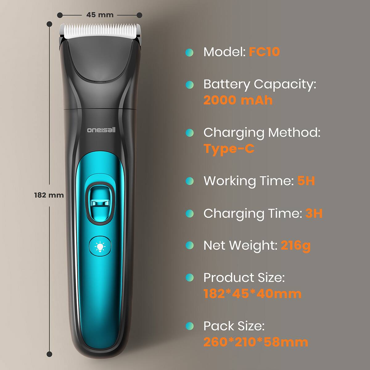 Model: FC10  
Battery Capacity: 2000 mAh  
Charging Method: Type-C  
Working Time: 5H  
Charging Time: 3H  
Net Weight: 216g  
Product Size: 182*45*40mm  
Pack Size: 260*210*58mm