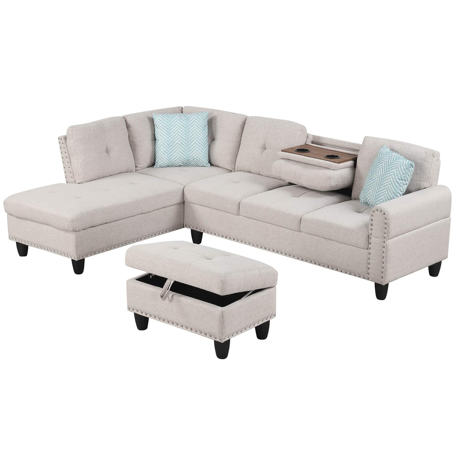Costway - 98" L-Shaped Sofa with Movable Storage Ottoman Linen Fabric Backs Seats Cup Holders - Beige