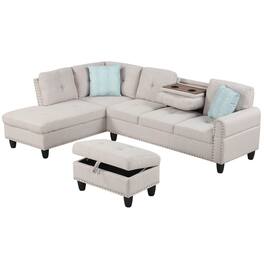 Costway - 98" L-Shaped Sofa with Movable Storage Ottoman Linen Fabric Backs Seats Cup Holders - Beige