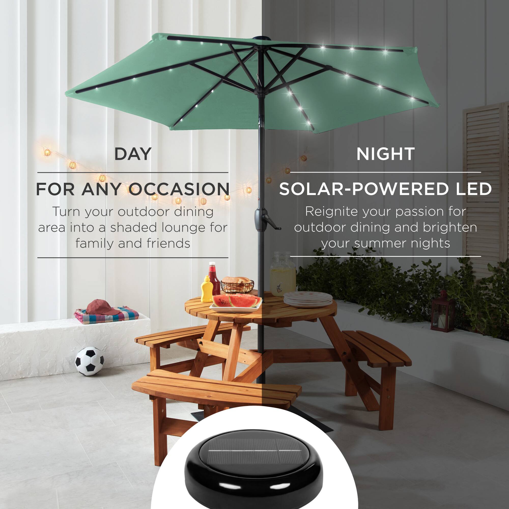 **DAY**

**FOR ANY OCCASION**

Turn your outdoor dining area into a shaded lounge for family and friends

**NIGHT**

**SOLAR-POWERED LED**

Reignite your passion for outdoor dining and brighten your summer nights