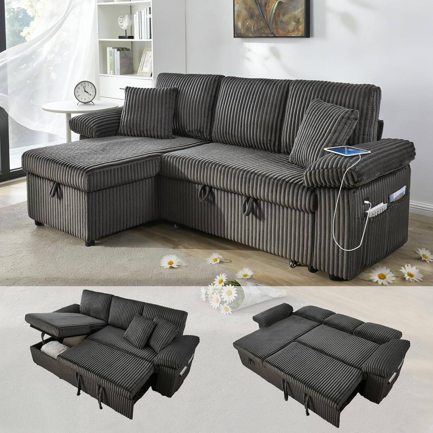 Front. Tiramisubest - 87" Modular Sectional Pull Out Couch,L Shaped 3-Seater Sleeper Sofa with Side Pockets,Hidden Storage& USB Charging Ports - Dark Grey.