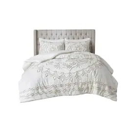Gracie Mills - Gertrude 3-Piece Tufted Cotton Chenille Comforter Set - Ivory/Taupe