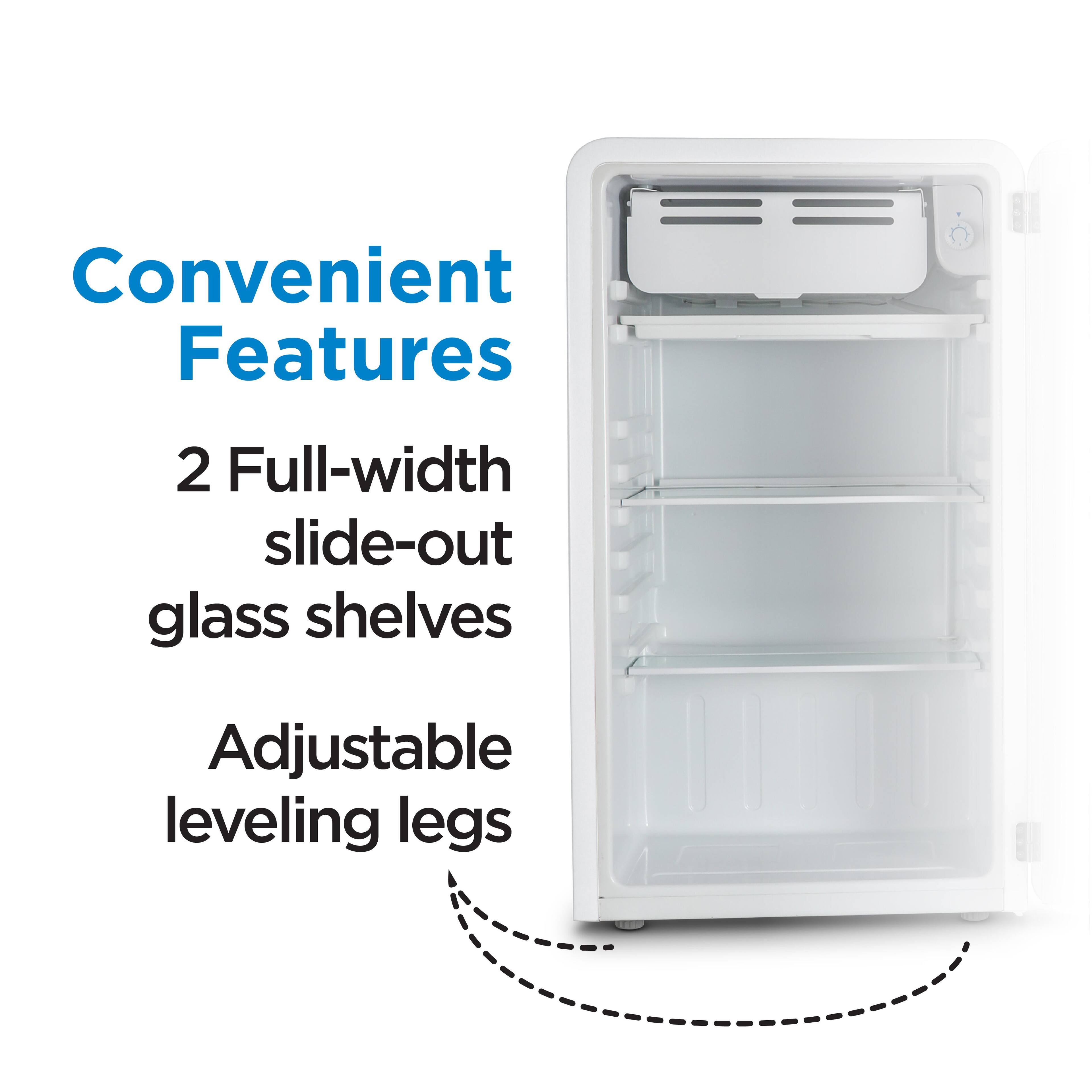 Convenient Features:
2 Full-width slide-out glass shelves
Adjustable leveling legs