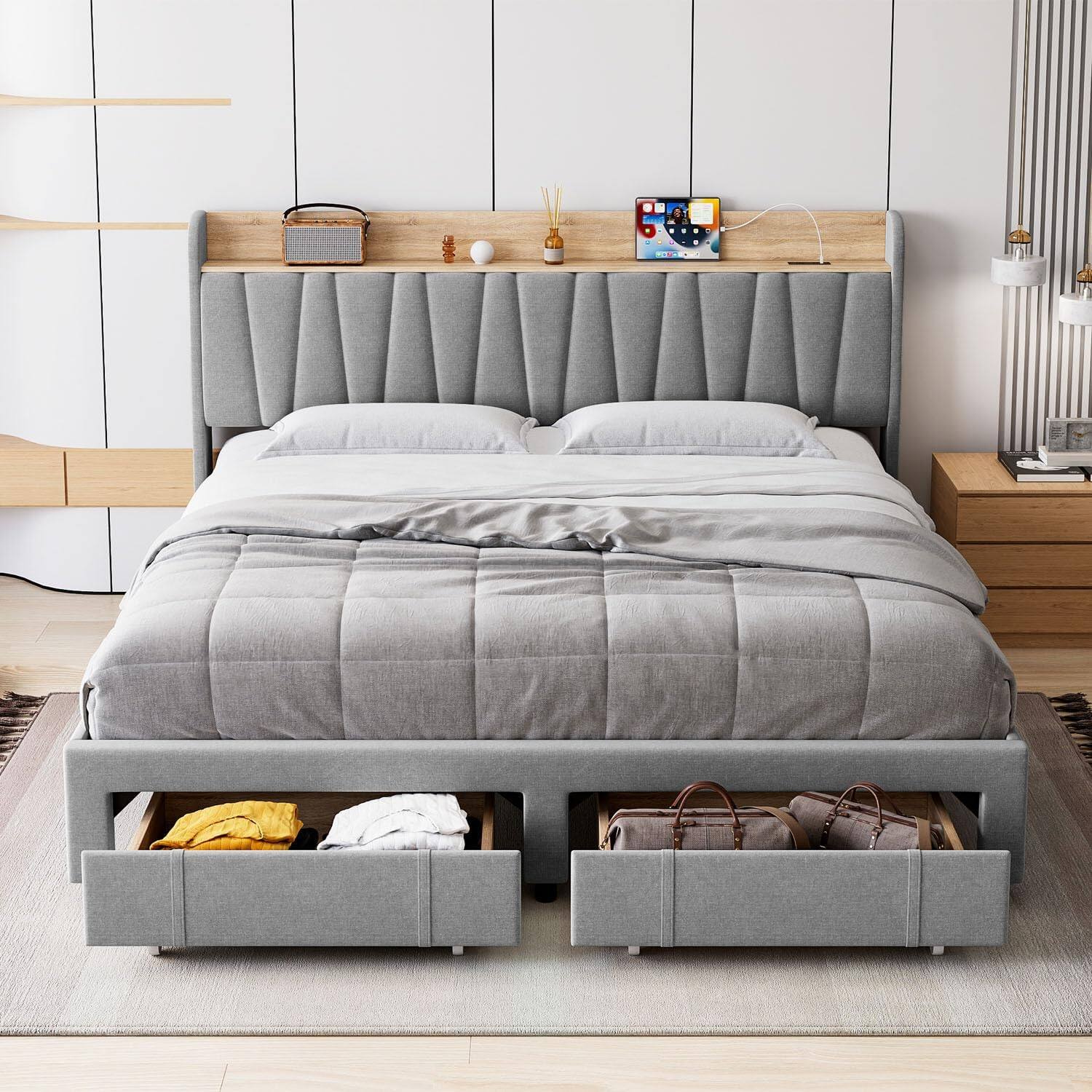 Left. GARVEE - Upholstered Platform Bed Frame with Storage Drawers, Solid Wooden Slats Support, No Box Spring Needed - Gray.