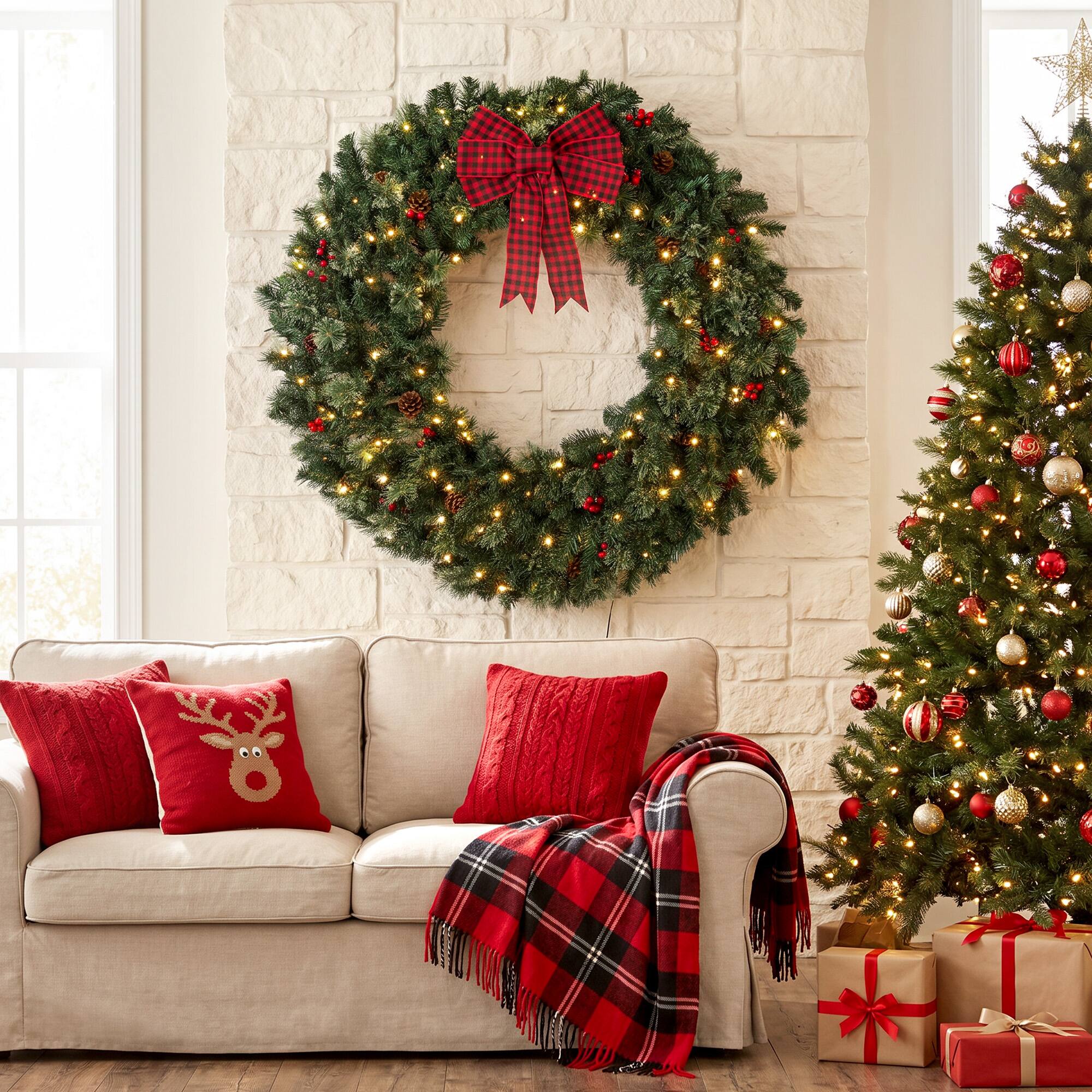 Alt View 8. Homcom - Prelit Crestwood Spruce Artificial Christmas Wreath, Christmas Decor with Bow, 8 Modes - Green.