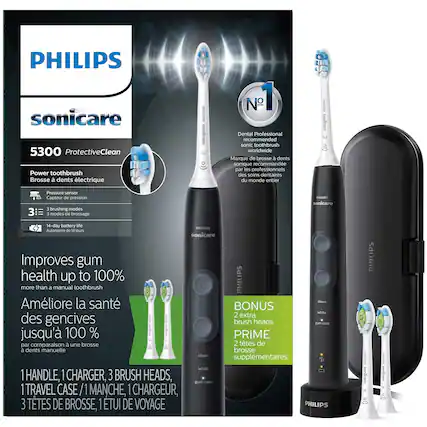 PHILIPS sonicare 5300 ProtectiveClean Power toothbrush
Brosse à dents électrique
1 Dental Professional recommended sonic toothbrush worldwide
Marque de brosse à dents sonique recommandée par les professionnels des soins dentaires du monde entier
12 3 Pressure sensor
Capteur de pression
3 brushing modes
3 modes de brossage
14-day battery life
Autonomie de 14 jours
Improves gum health up to 100%
Améliore la santé des gencives jusqu'à 100% par comparaison à une brosse à dents manuelle
BONUS 2 extra brush heads
PRIME 2 têtes de brosse supplémentaires
1 HANDLE, 1 CHARGER, 3 BRUSH HEADS, 1 TRAVEL CASE
1 MANCHE, 1 CHARGEUR, 3 TÊTES DE BROsse, 1 TUILET DE VOYAGE