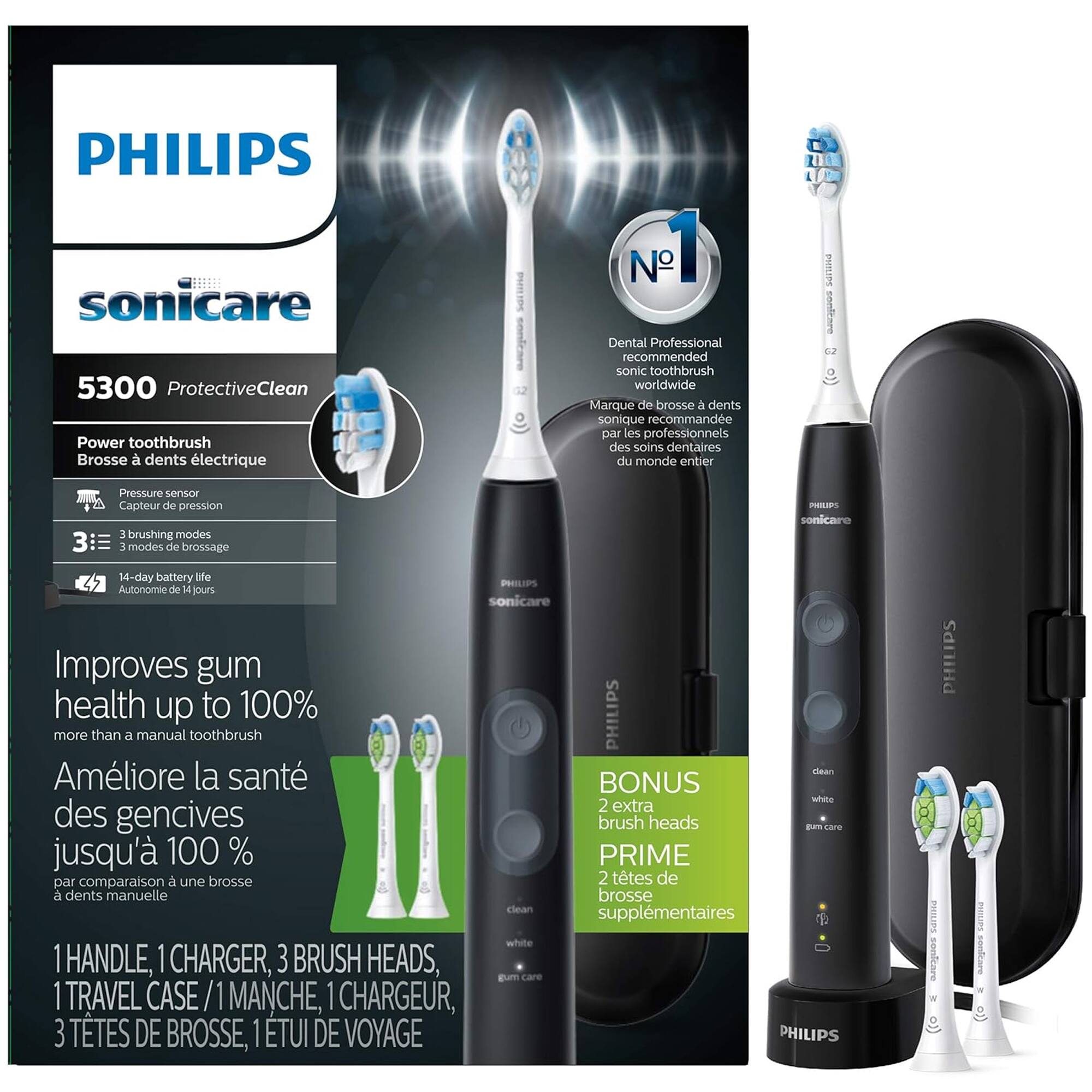 PHILIPS sonicare 5300 ProtectiveClean Power toothbrush  
Brosse à dents électrique  

1 Dental Professional recommended sonic toothbrush worldwide  
Marque de brosse à dents sonique recommandée par les professionnels des soins dentaires du monde entier  

12 3 Pressure sensor  
Capteur de pression  

3 brushing modes  
3 modes de brossage  

14-day battery life  
Autonomie de 14 jours  

Improves gum health up to 100%  
Améliore la santé des gencives jusqu'à 100% par comparaison à une brosse à dents manuelle  

BONUS 2 extra brush heads  
PRIME 2 têtes de brosse supplémentaires  

1 HANDLE, 1 CHARGER, 3 BRUSH HEADS, 1 TRAVEL CASE  
1 MANCHE, 1 CHARGEUR, 3 TÊTES DE BROsse, 1 TUILET DE VOYAGE