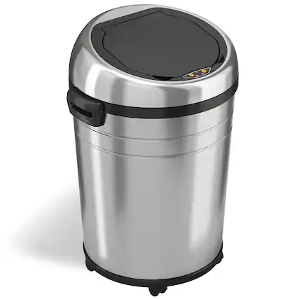 Angle. iTouchless - 18-Gal. Touchless Round Trash Can - Stainless Steel.